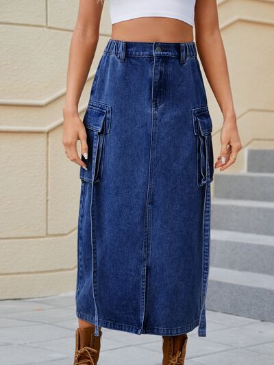 Blue Zone Planet |  Slit Pocketed High Waist Denim Skirt BLUE ZONE PLANET