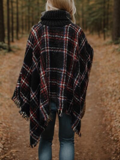 Turtleneck Plaid Raw Hem Sweater BLUE ZONE PLANET