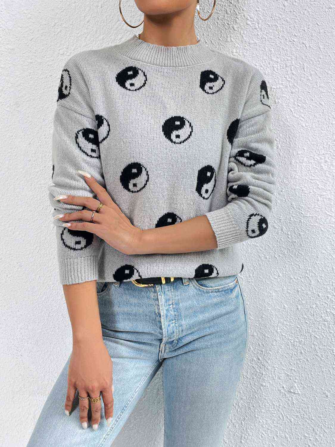 Patterned Drop Shoulder Sweater BLUE ZONE PLANET