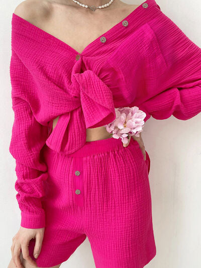 Button Up Dropped Shoulder Top and Shorts Set-TOPS / DRESSES-[Adult]-[Female]-Hot Pink-S-2022 Online Blue Zone Planet