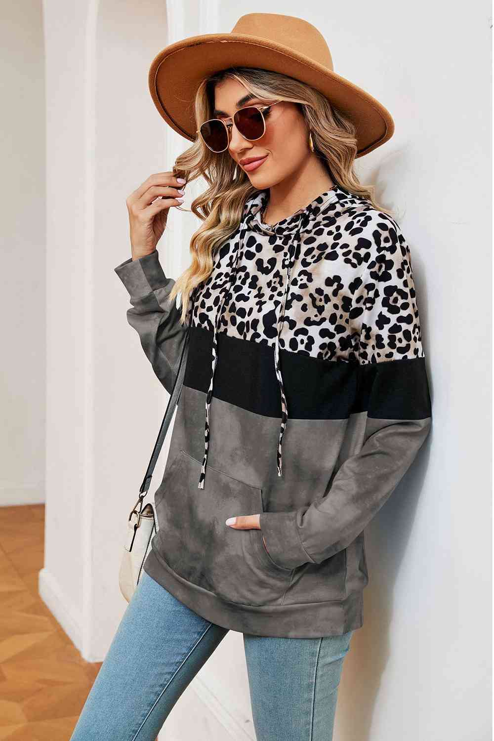 Leopard Drawstring Hoodie with Pocket BLUE ZONE PLANET