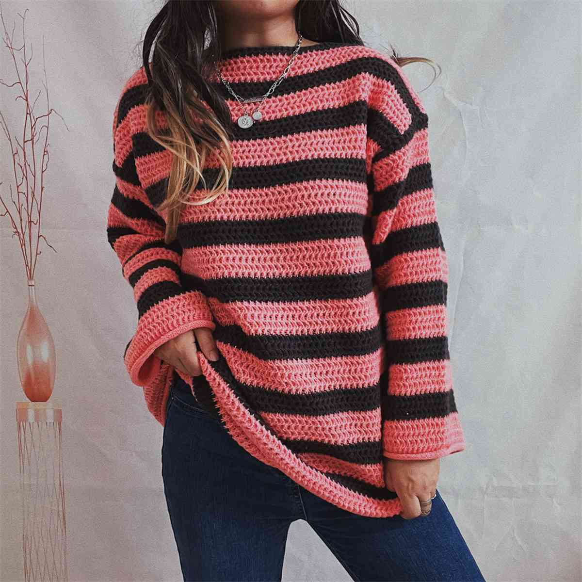 Striped Round Neck Long Sleeve Sweater BLUE ZONE PLANET