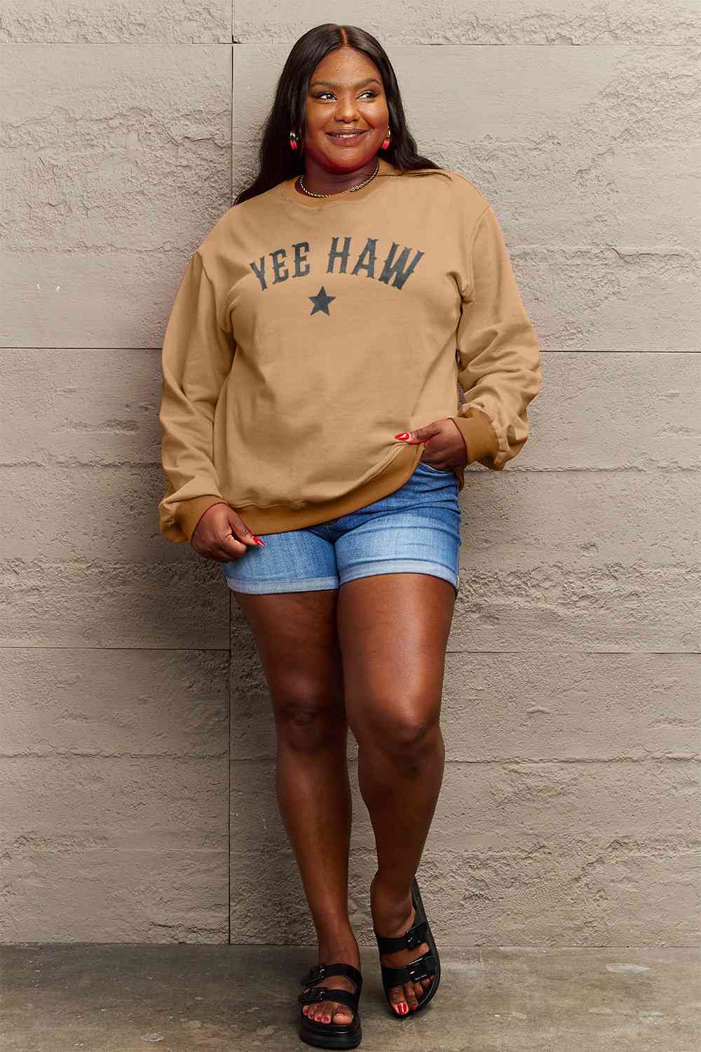 Simply Love Full Size YEEHAW Graphic Round Neck Sweatshirt BLUE ZONE PLANET