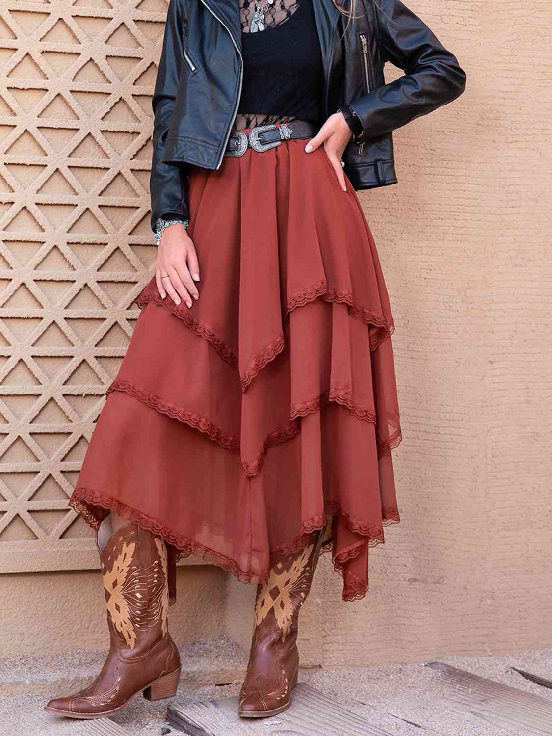 Tiered Lace Detail Midi Skirt-BOTTOMS SIZES SMALL MEDIUM LARGE-[Adult]-[Female]-Deep Red-S-2022 Online Blue Zone Planet