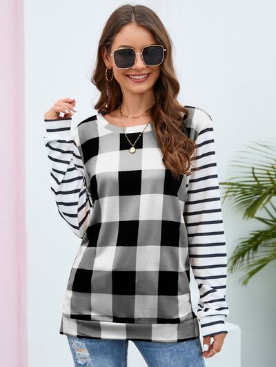 Plaid Striped Round Neck Long Sleeve T-Shirt-TOPS / DRESSES-[Adult]-[Female]-2022 Online Blue Zone Planet