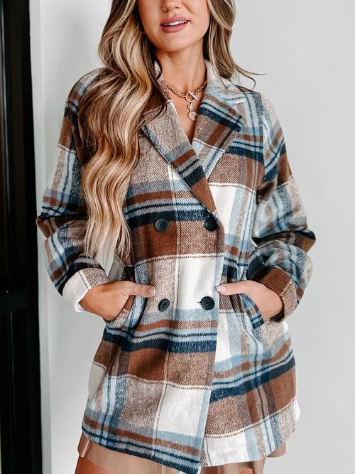 Plaid Double-Breasted Long Sleeve Coat BLUE ZONE PLANET
