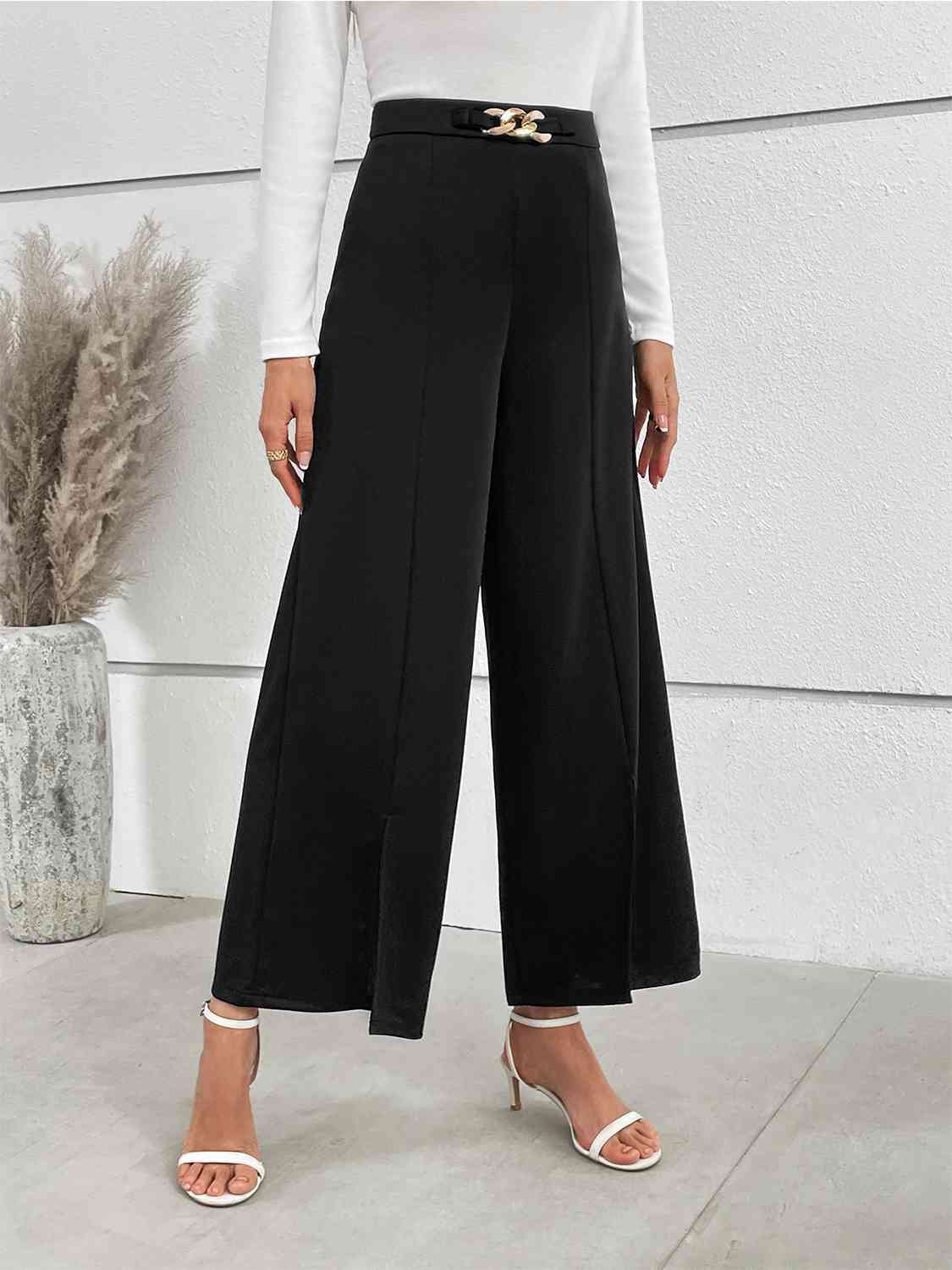 Chain Detail Slit Straight Pants BLUE ZONE PLANET