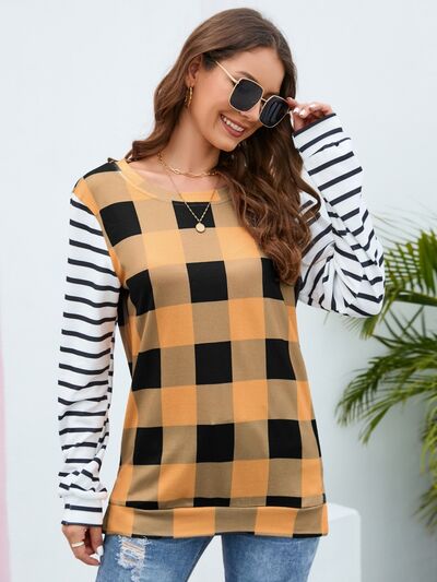 Plaid Striped Round Neck Long Sleeve T-Shirt-TOPS / DRESSES-[Adult]-[Female]-2022 Online Blue Zone Planet