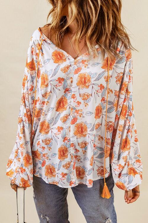 Floral Tie Neck Balloon Sleeve Blouse BLUE ZONE PLANET