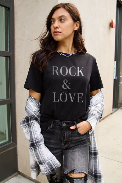 Simply Love Full Size ROCK ＆ LOVE Short Sleeve T-Shirt-TOPS / DRESSES-[Adult]-[Female]-2022 Online Blue Zone Planet