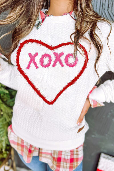 Blue Zone Planet |  XOXO Heart Round Neck Dropped Shoulder Sweatshirt BLUE ZONE PLANET