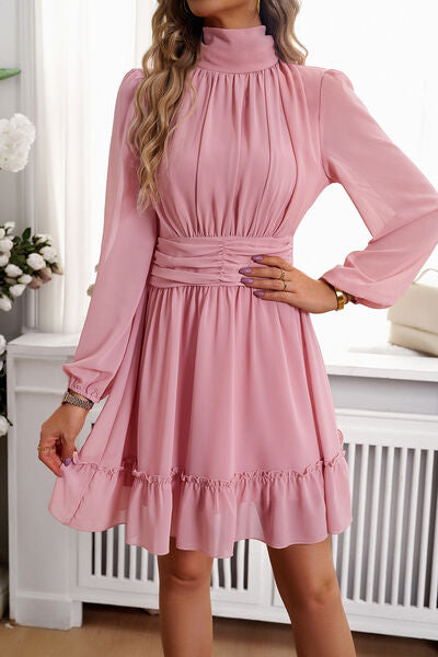 Frill Ruched Mock Neck Balloon Sleeve Dress-TOPS / DRESSES-[Adult]-[Female]-Blush Pink-S-2022 Online Blue Zone Planet