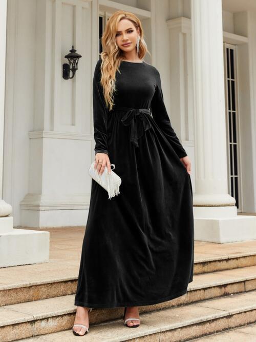 Tie Front Round Neck Long Sleeve Maxi Dress BLUE ZONE PLANET