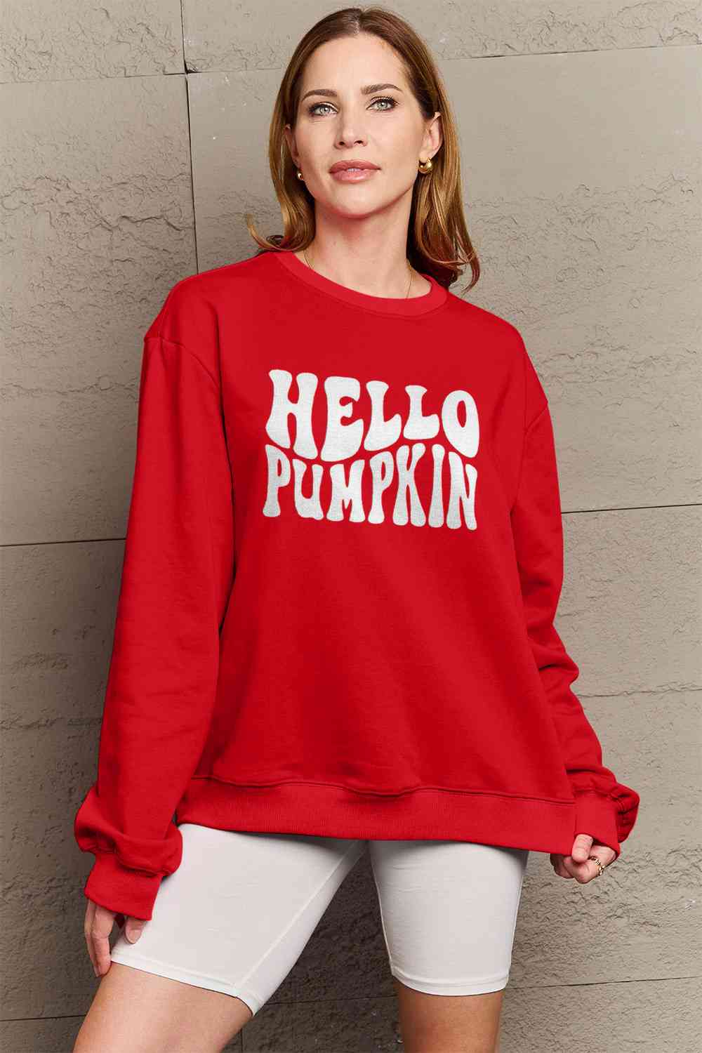 Simply Love Full Size HELLO PUMPKIN Graphic Sweatshirt BLUE ZONE PLANET