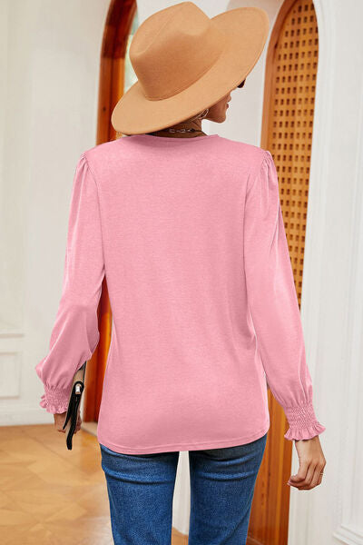 Lace Detail V-Neck Lantern Sleeve T-Shirt Trendsi