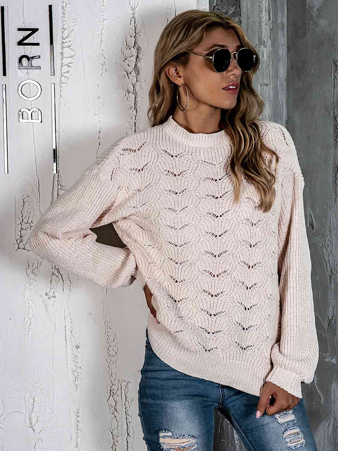 Openwork Mock Neck Long Sleeve Sweater BLUE ZONE PLANET