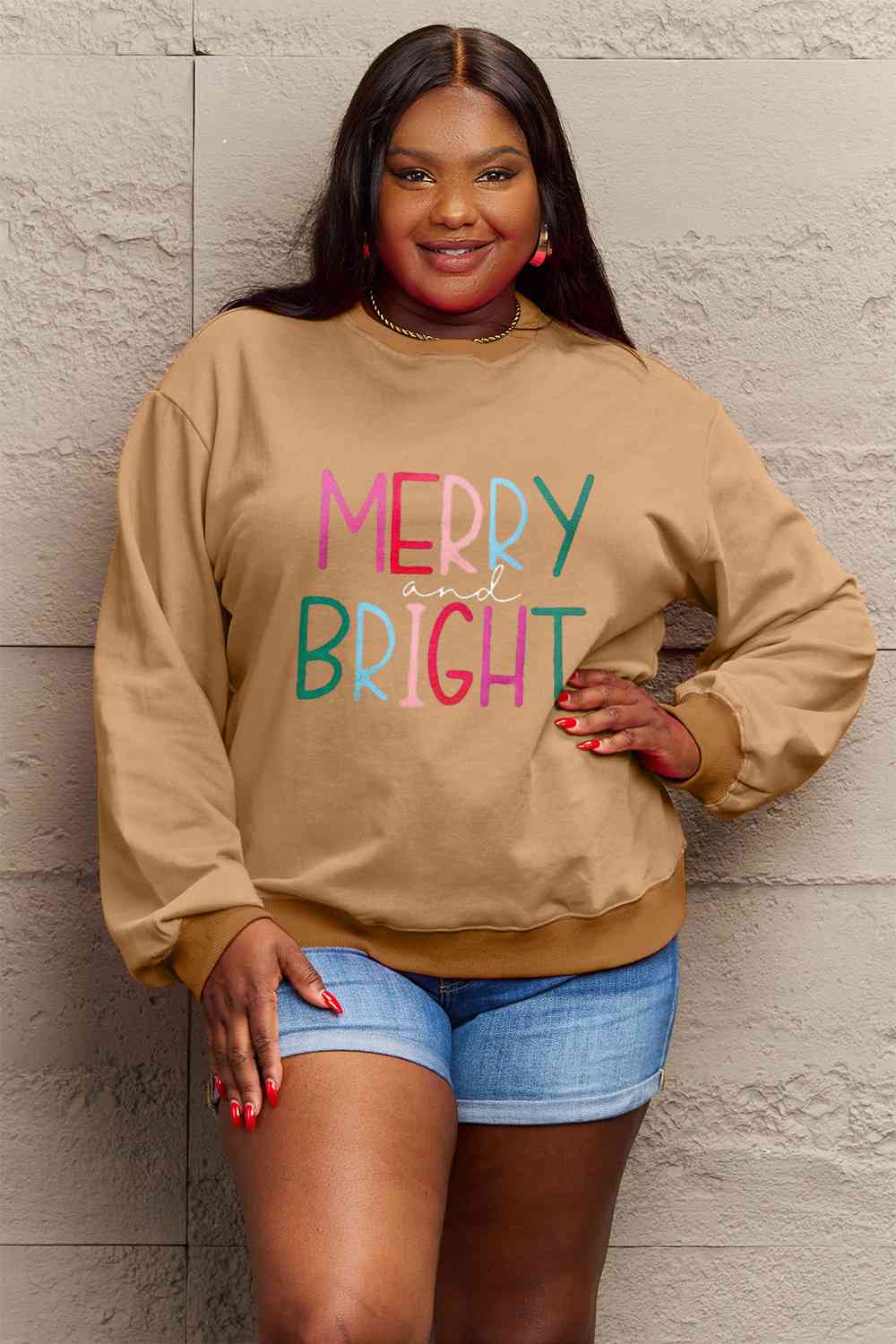 Simply Love Full Size MERRY AND BRIGHT Graphic Sweatshirt BLUE ZONE PLANET