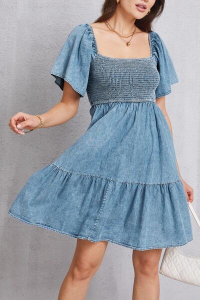 Smocked Square Neck Mini Denim Dress-TOPS / DRESSES-[Adult]-[Female]-2022 Online Blue Zone Planet