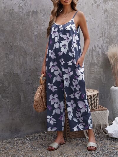 Printed Spaghetti Strap Jumpsuit with Pockets Trendsi