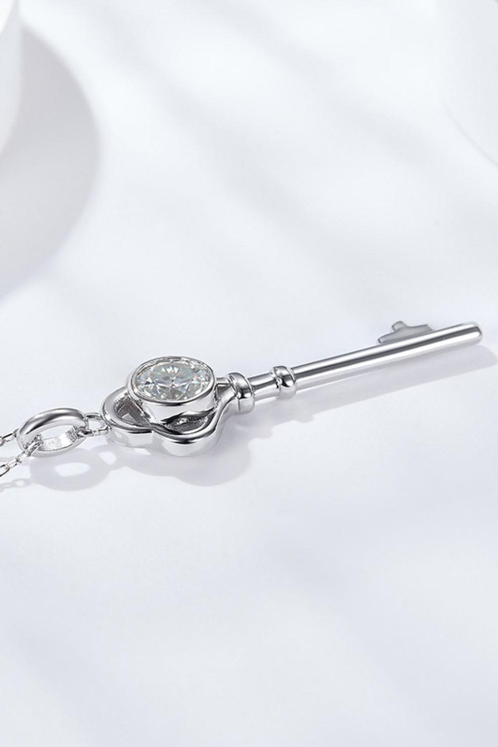 925 Sterling Silver 1 Carat Moissanite Key Pendant Necklace BLUE ZONE PLANET