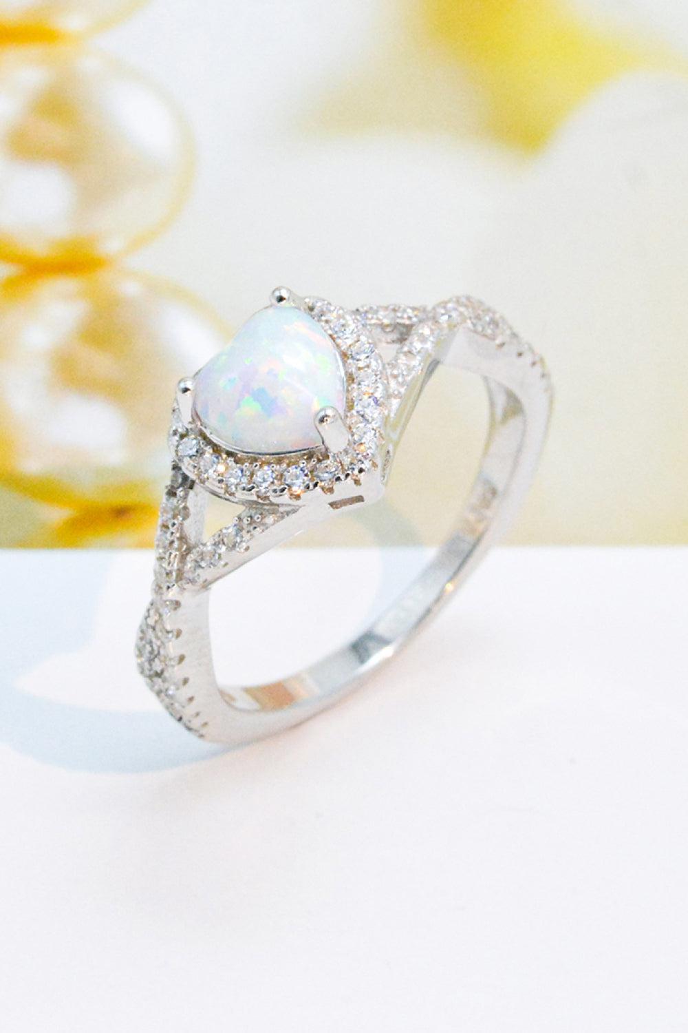 925 Sterling Silver Heart Opal Crisscross Ring BLUE ZONE PLANET
