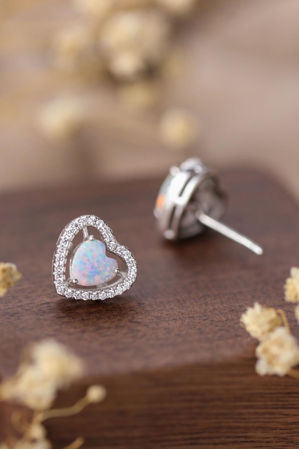 925 Sterling Silver Opal Heart Stud Earrings BLUE ZONE PLANET