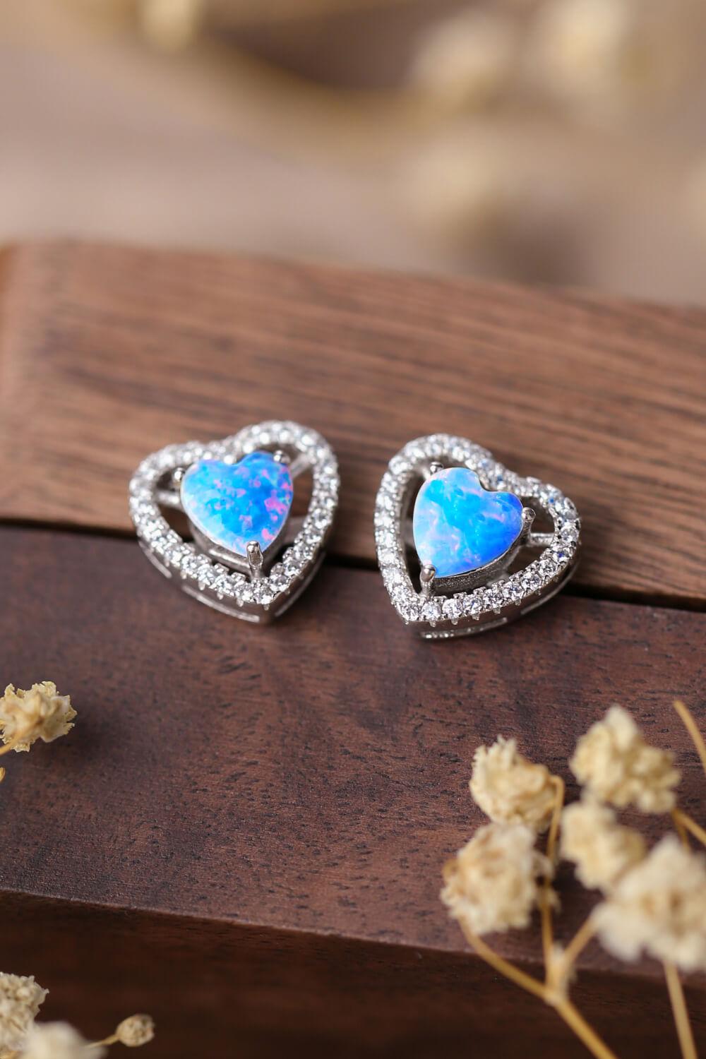 925 Sterling Silver Opal Heart Stud Earrings BLUE ZONE PLANET