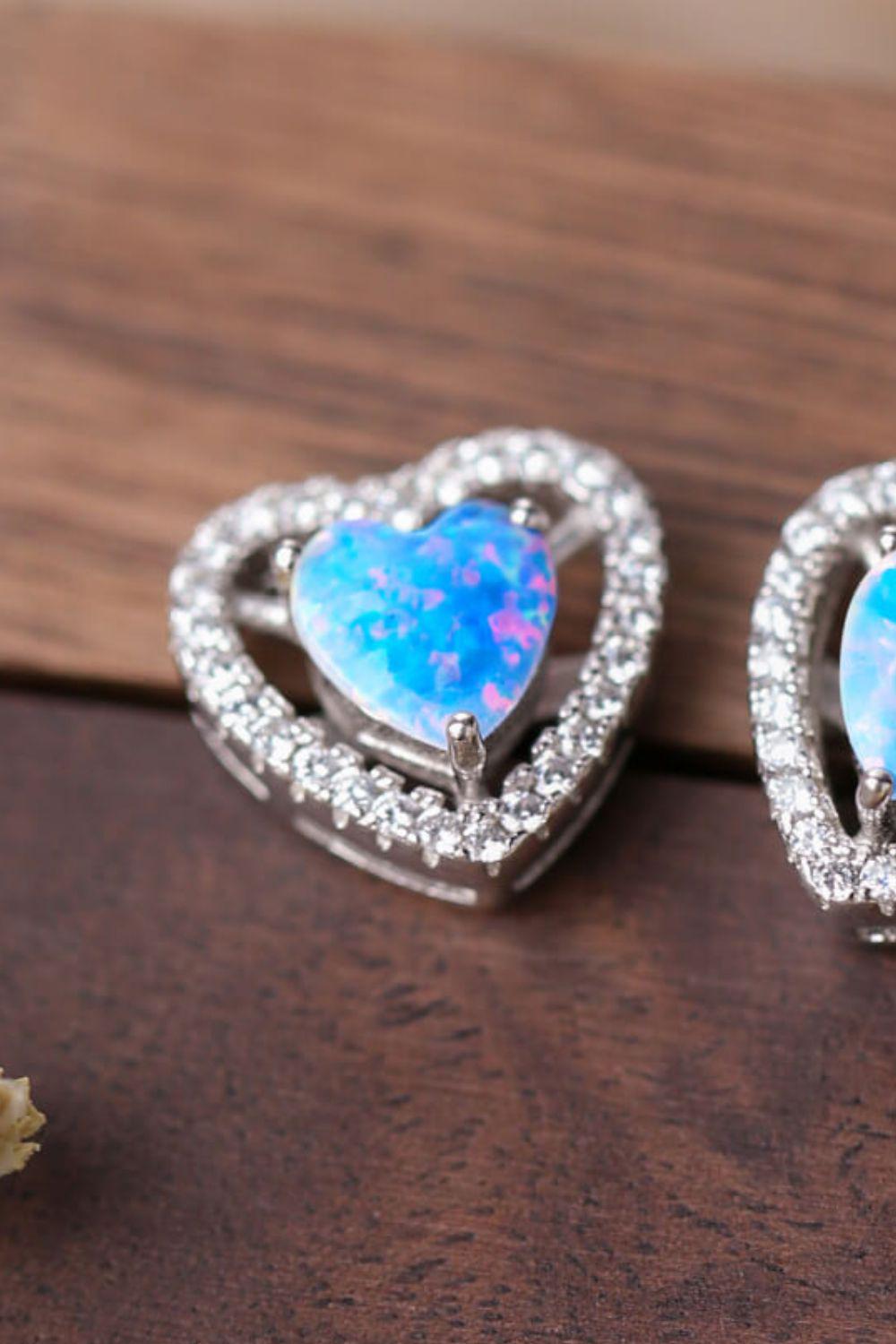 925 Sterling Silver Opal Heart Stud Earrings BLUE ZONE PLANET