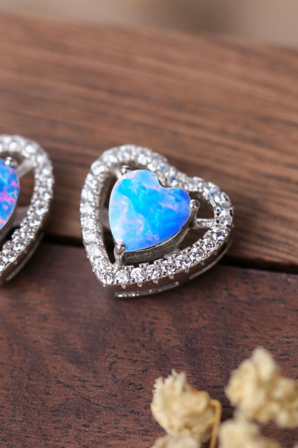 925 Sterling Silver Opal Heart Stud Earrings BLUE ZONE PLANET