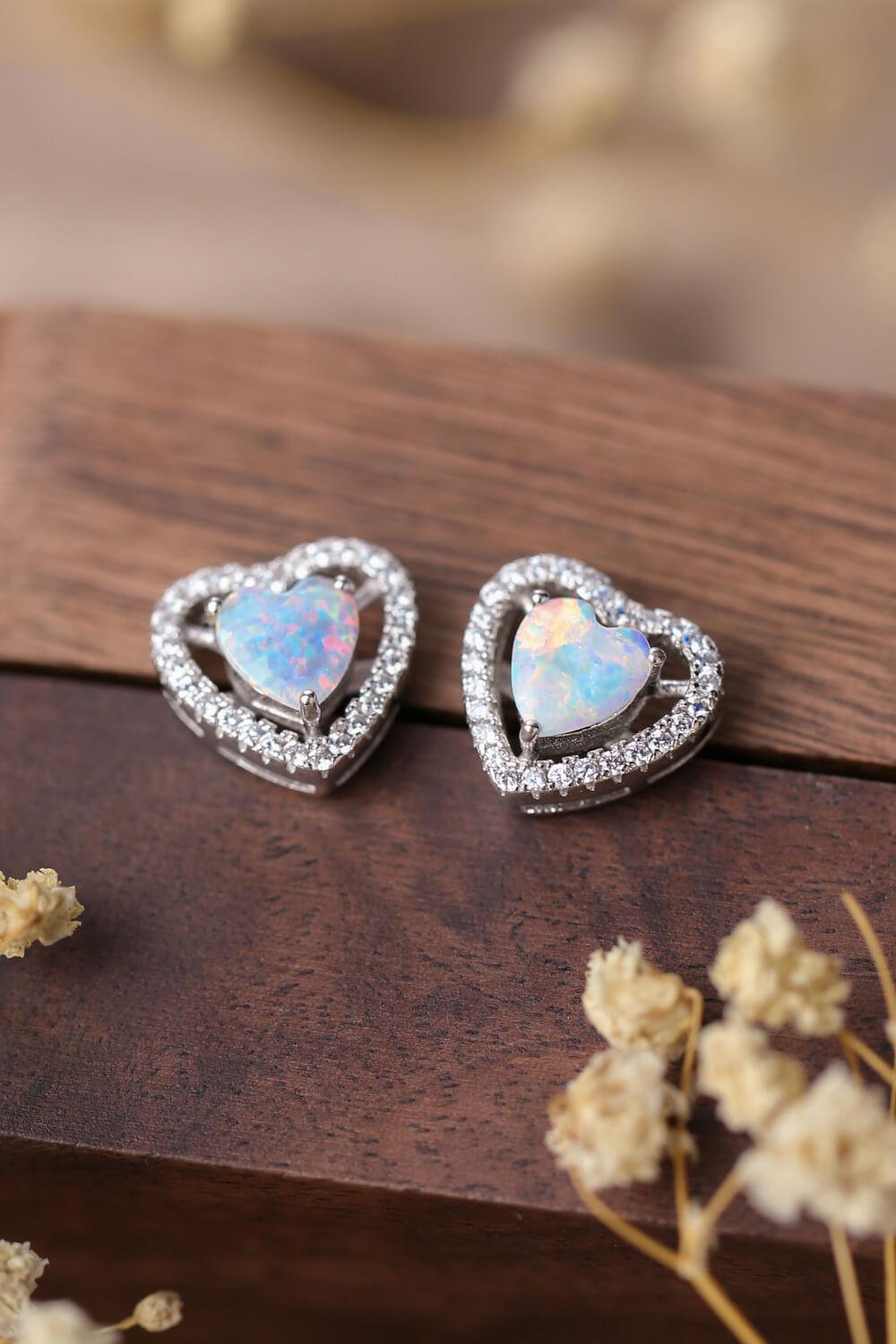 925 Sterling Silver Opal Heart Stud Earrings BLUE ZONE PLANET