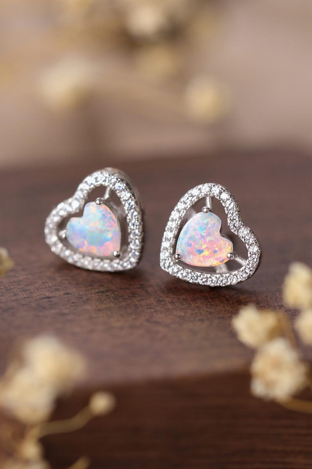 925 Sterling Silver Opal Heart Stud Earrings BLUE ZONE PLANET