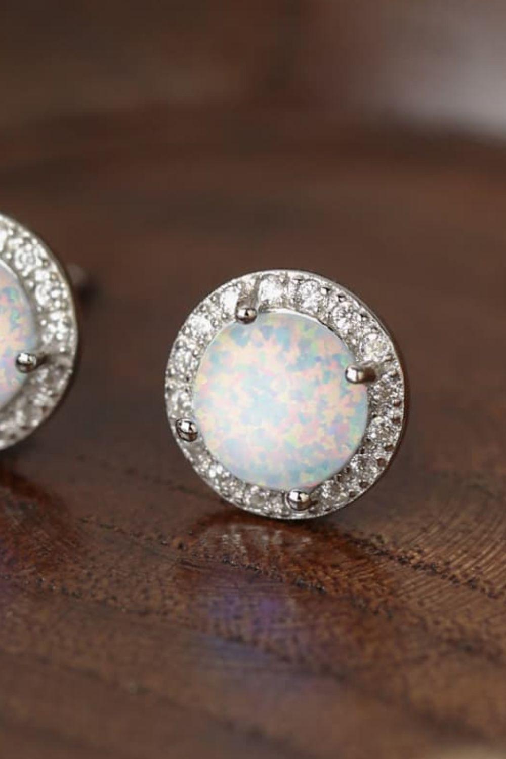 925 Sterling Silver Platinum-Plated Opal Round Stud Earrings BLUE ZONE PLANET