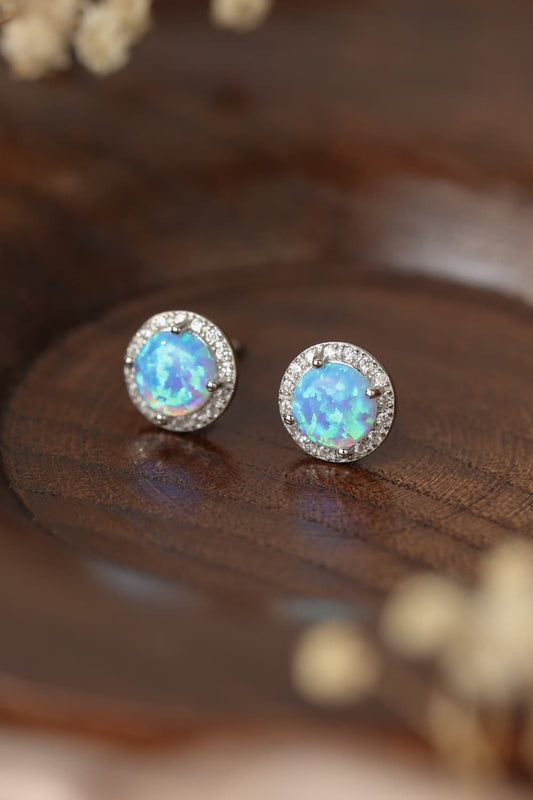925 Sterling Silver Platinum-Plated Opal Round Stud Earrings BLUE ZONE PLANET
