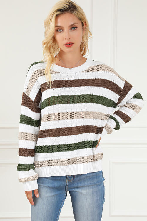 Striped Openwork Dropped Shoulder Sweater BLUE ZONE PLANET