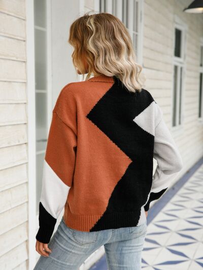 Color Block Round Neck Dropped Shoulder Sweater BLUE ZONE PLANET