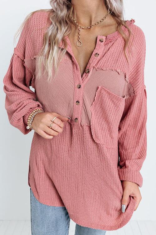 Half Button Raw Hem Long Sleeve Blouse BLUE ZONE PLANET