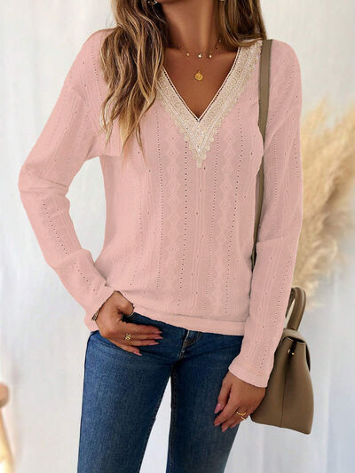 Eyelet V-Neck Dropped Shoulder T-Shirt Trendsi