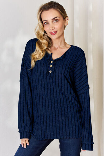 Basic Bae Full Size Ribbed Half Button Long Sleeve T-Shirt-TOPS / DRESSES-[Adult]-[Female]-Peacock Blue-S-2022 Online Blue Zone Planet