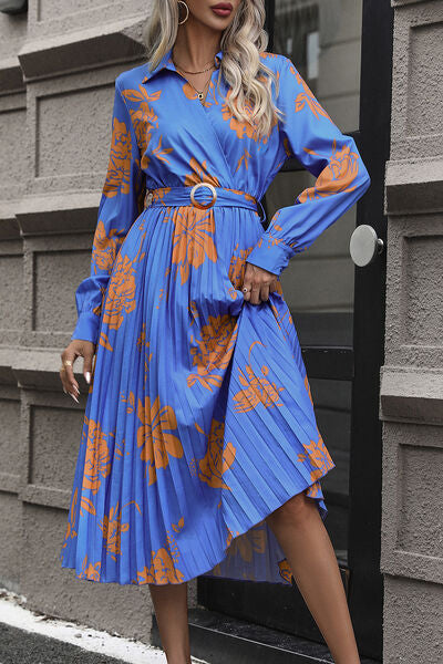 Blue Zone Planet |  Floral Pleated Surplice Long Sleeve Midi Dress BLUE ZONE PLANET