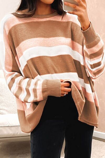 Striped Round Neck Long Sleeve Sweater BLUE ZONE PLANET