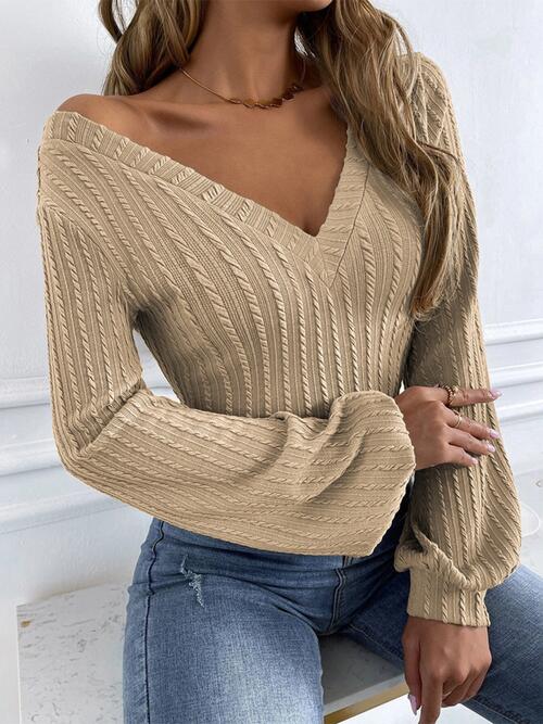 Cable-Knit V-Neck Long Sleeve Knit Top BLUE ZONE PLANET