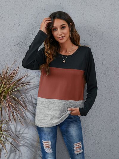 Color Block Round Neck Long Sleeve T-Shirt-TOPS / DRESSES-[Adult]-[Female]-Brick Red-S-2022 Online Blue Zone Planet