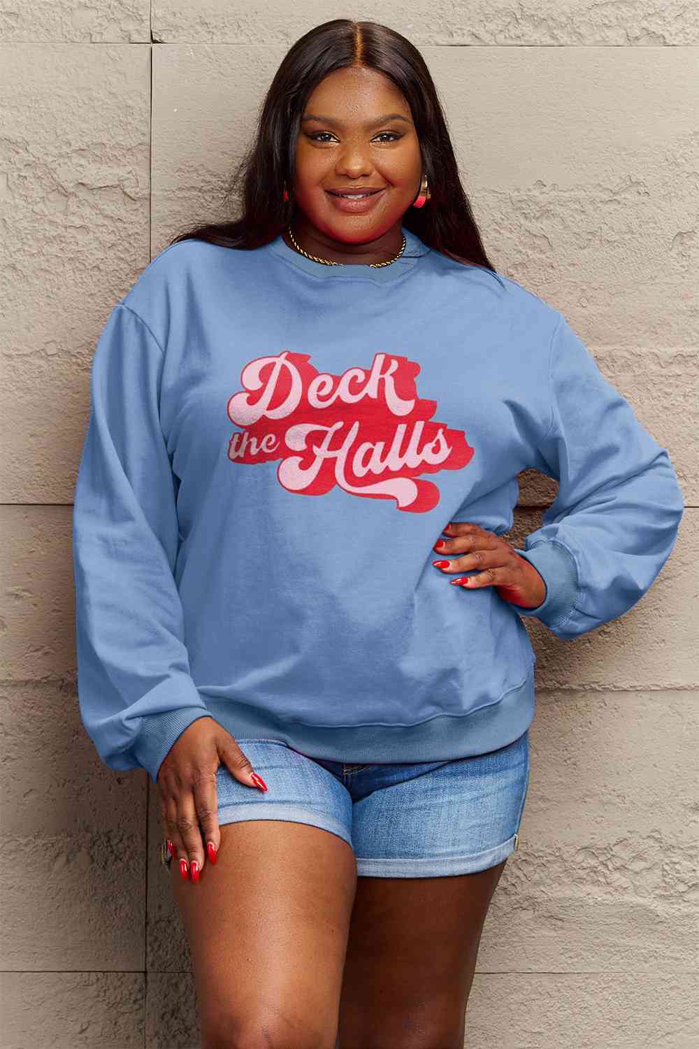 Simply Love Full Size DECK THE HALLS Graphic Sweatshirt BLUE ZONE PLANET