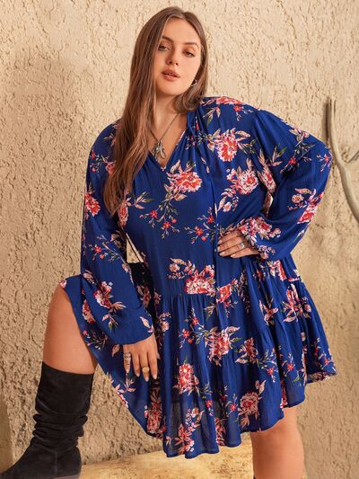 Plus Size Printed Tie Neck Balloon Sleeve Mini Dress Trendsi