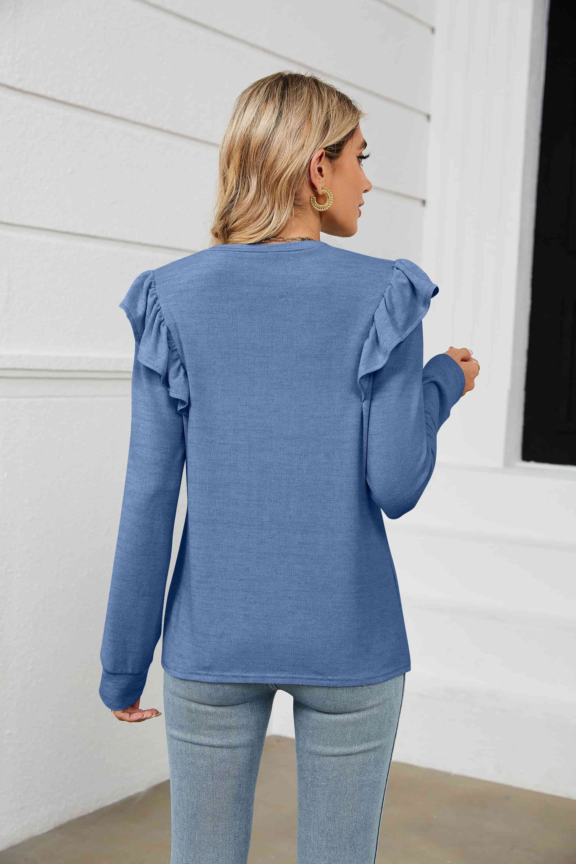 Ruffle Shoulder Long Sleeve T-Shirt BLUE ZONE PLANET