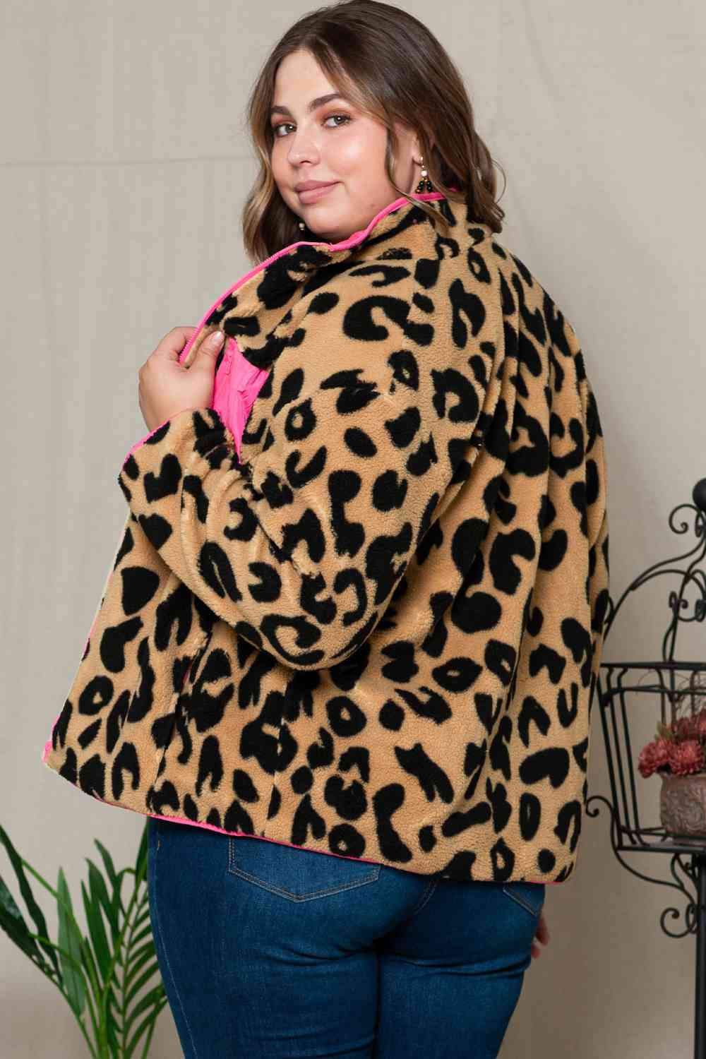 Plus Size Leopard Zip Up Jacket with Pockets BLUE ZONE PLANET