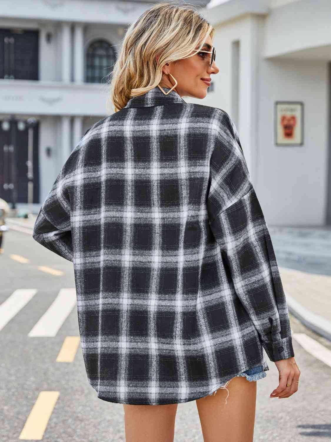 Plaid Collared Neck Button Down Jacket BLUE ZONE PLANET