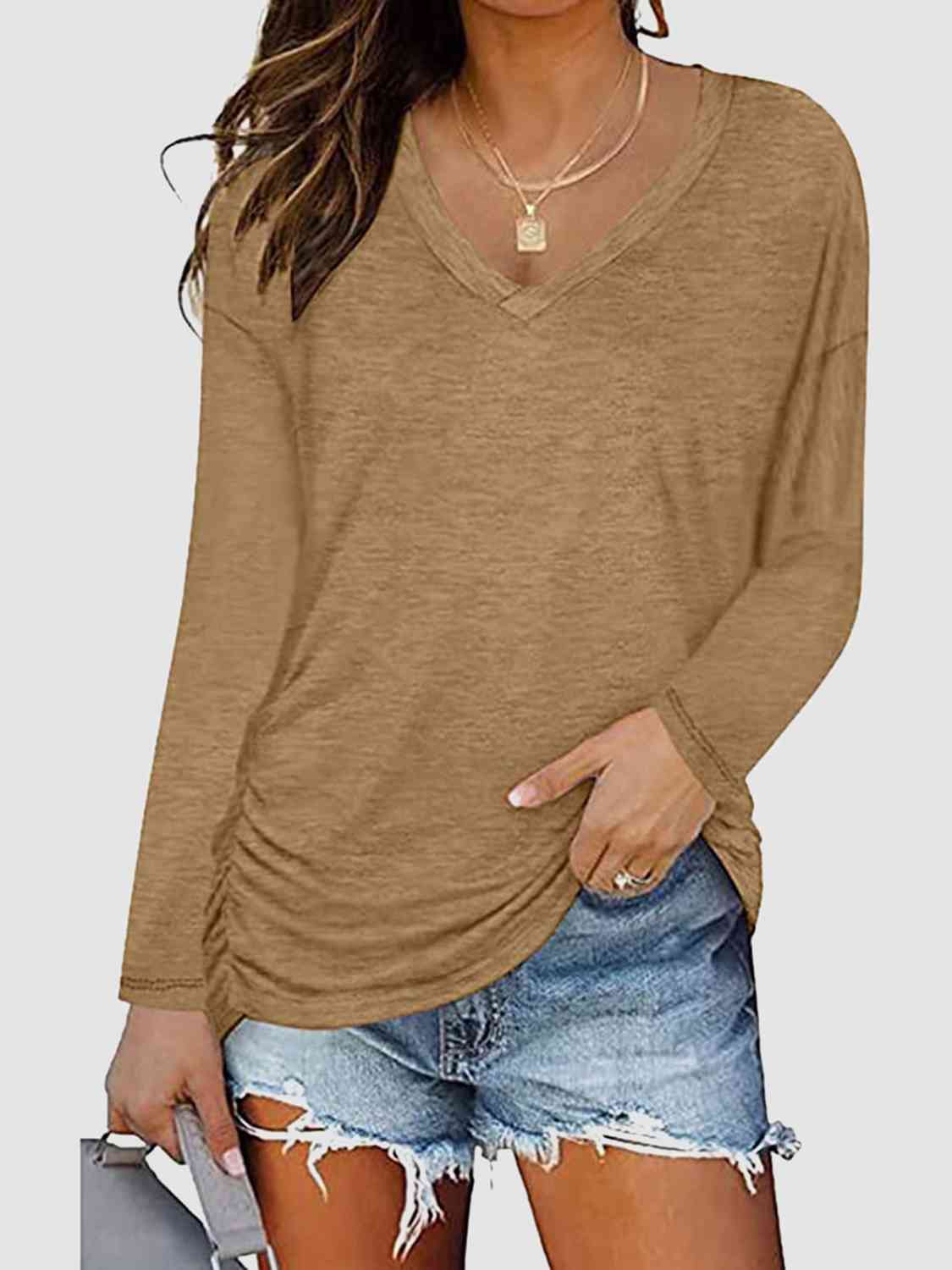 Ruched V-Neck Long Sleeve T-Shirt BLUE ZONE PLANET