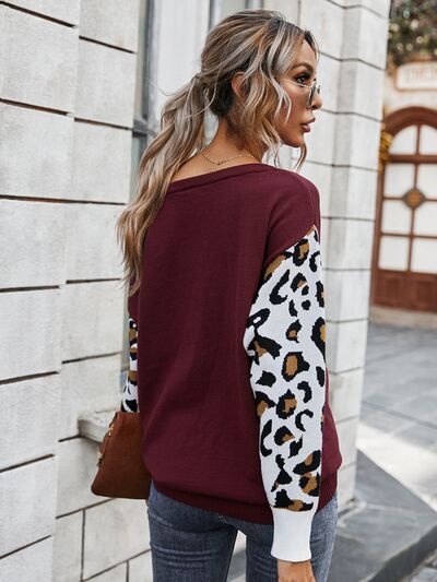 Blue Zone Planet |  Leopard Round Neck Dropped Shoulder Sweater BLUE ZONE PLANET