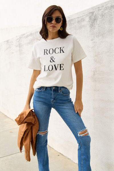 Simply Love Full Size ROCK ＆ LOVE Short Sleeve T-Shirt-TOPS / DRESSES-[Adult]-[Female]-White-S-2022 Online Blue Zone Planet